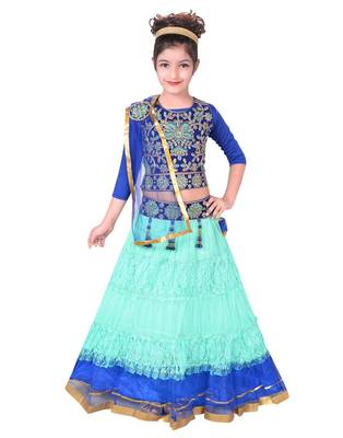 Sea Blue Net Flared Lehenga With Blue Embroidered Choli And Attached Net Dupatta 1
