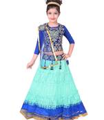 Sea Blue Net Flared Lehenga With Blue Embroidered Choli And Attached Net Dupatta