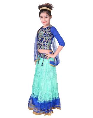 Sea Blue Net Flared Lehenga With Blue Embroidered Choli And Attached Net Dupatta 3