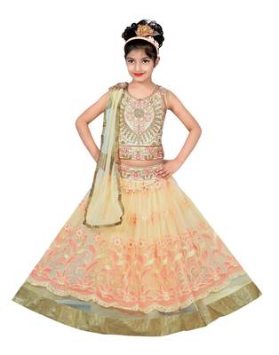 Cream And Peach Net Embroidered Lehenga With Embroidered Choli And Attached Net Dupatta 1