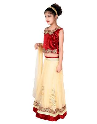 Cream Net Embroidered Lehenga With Maroon Velvet Choli And Net Dupatta 2