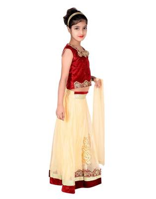 Cream Net Embroidered Lehenga With Maroon Velvet Choli And Net Dupatta 3