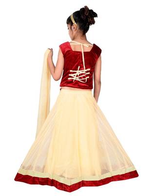 Cream Net Embroidered Lehenga With Maroon Velvet Choli And Net Dupatta 4