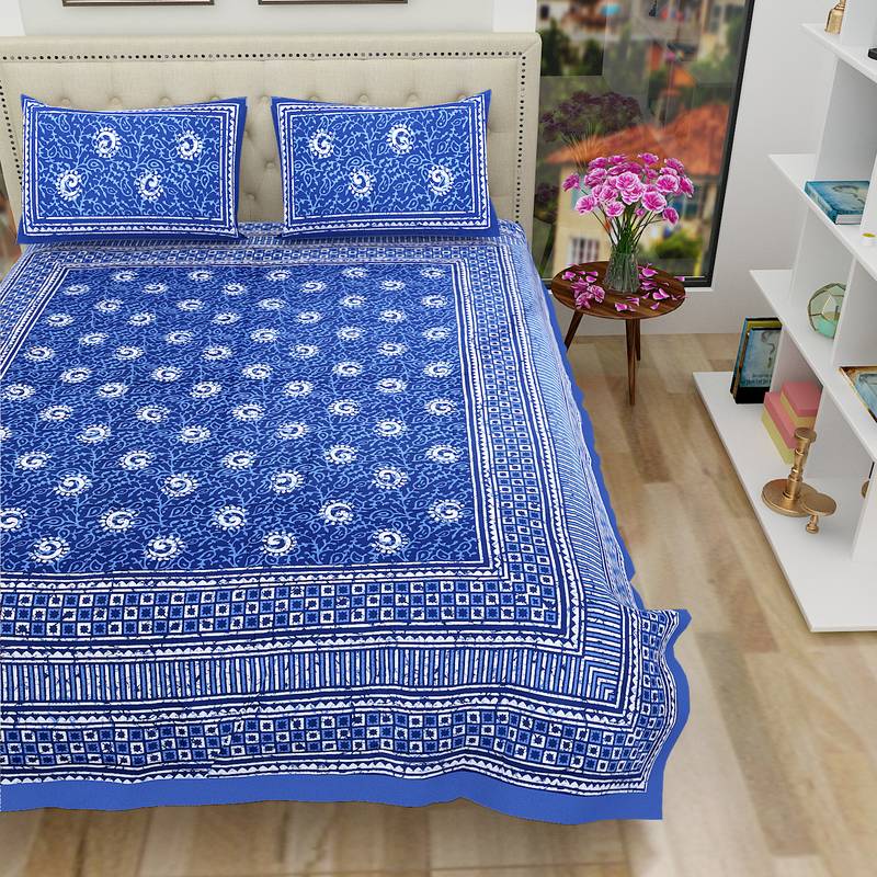 Blue Jaipuri Cotton Double Bedsheet with 2 Pillow Covers VED 3289854