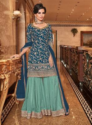 Teal-blue embroidered net salwar 1