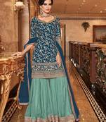 Teal-blue embroidered net salwar