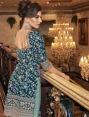 Teal-blue embroidered net salwar 2