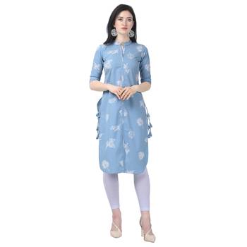 Sky-blue embroidered cotton long-kurtis 1