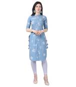 Sky-blue embroidered cotton long-kurtis