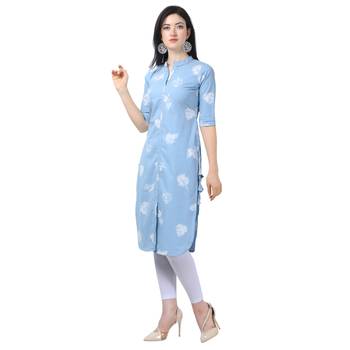 Sky-blue embroidered cotton long-kurtis 3