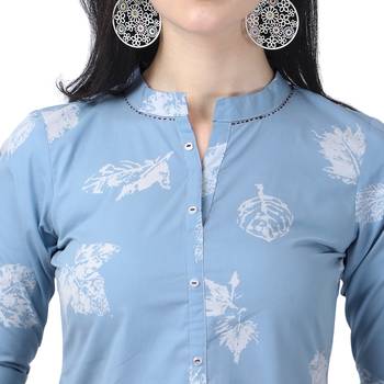 Sky-blue embroidered cotton long-kurtis 4