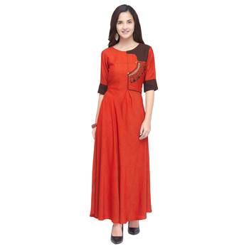Red embroidered rayon long-kurtis 1