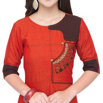 Red embroidered rayon long-kurtis 4