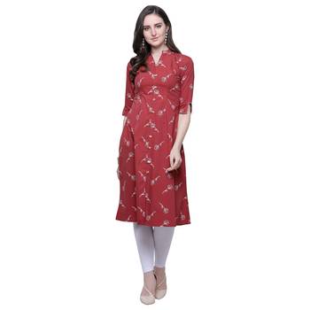 Red embroidered rayon long-kurtis 1