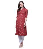 Red embroidered rayon long-kurtis