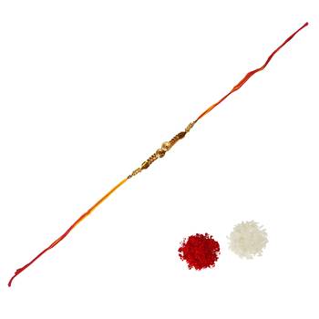 Beautiful Golden Bracelet Rakhi In Mauli Thread with Roli Tika for Brother (Single Rakhi) 1