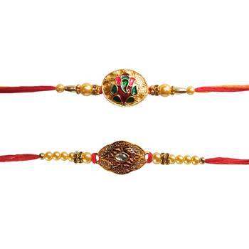 Set of Beautiful Meenakari Work and Zircon Embellished Rakhi with Roli Tika for Brother (2 Rakhi) 2