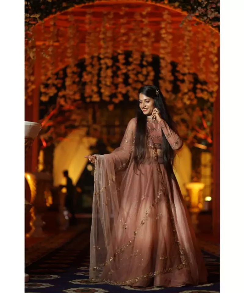 Brown Shaded Net Hand Work Stichhed Lehenga Choli