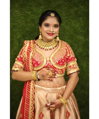 Red With Golden Raw Silk Baby Shower Bridle Lehenga Choli Dress 3
