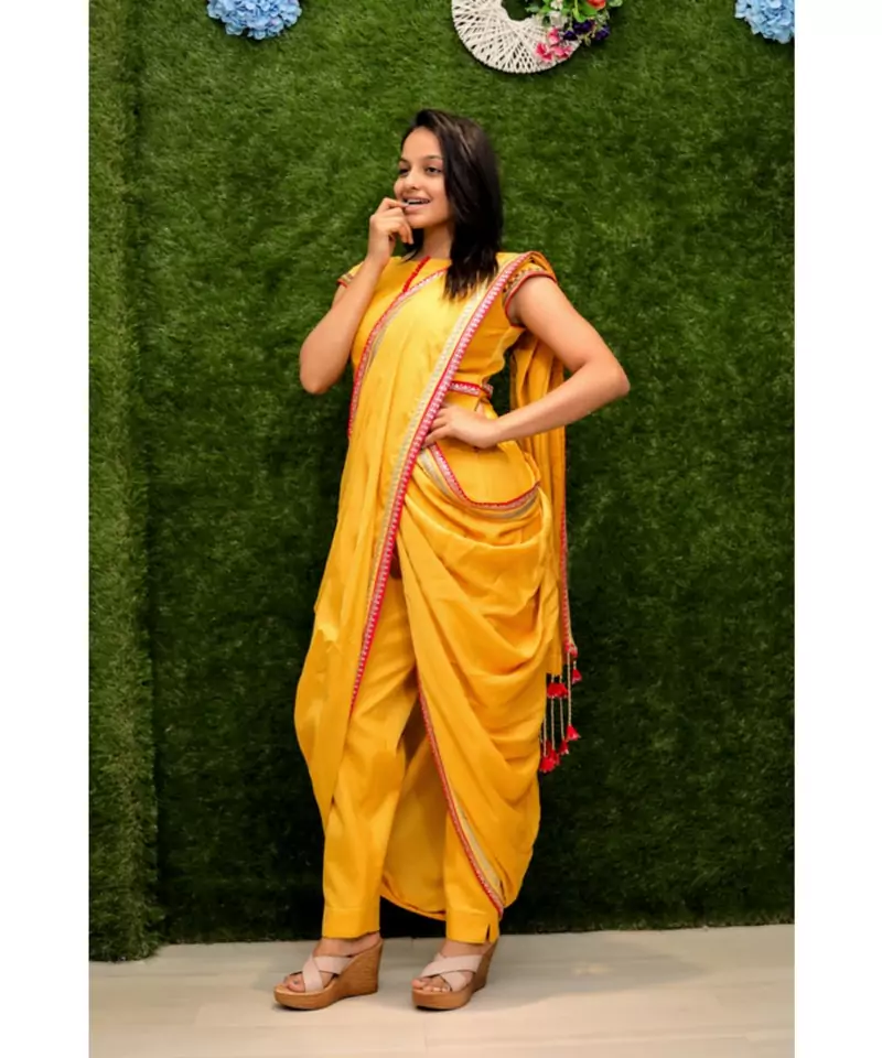 Cotton Silk Yellow Crop Top Style Designer Dress For Women