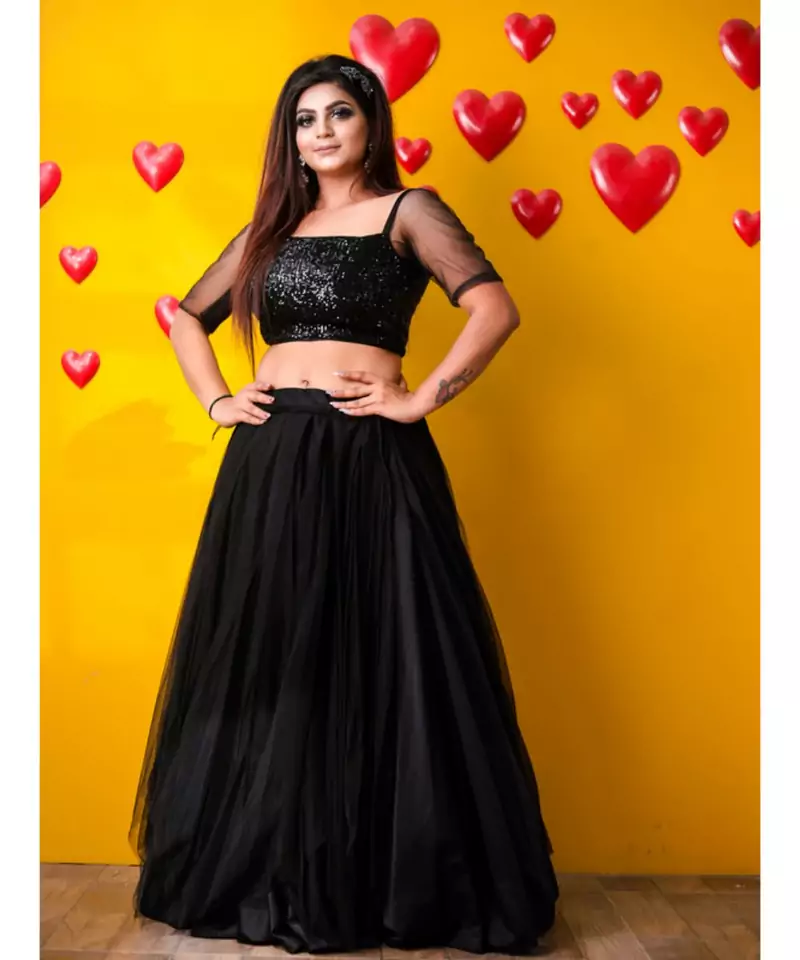 Net With Cotton Silk Black Lehenga Choli