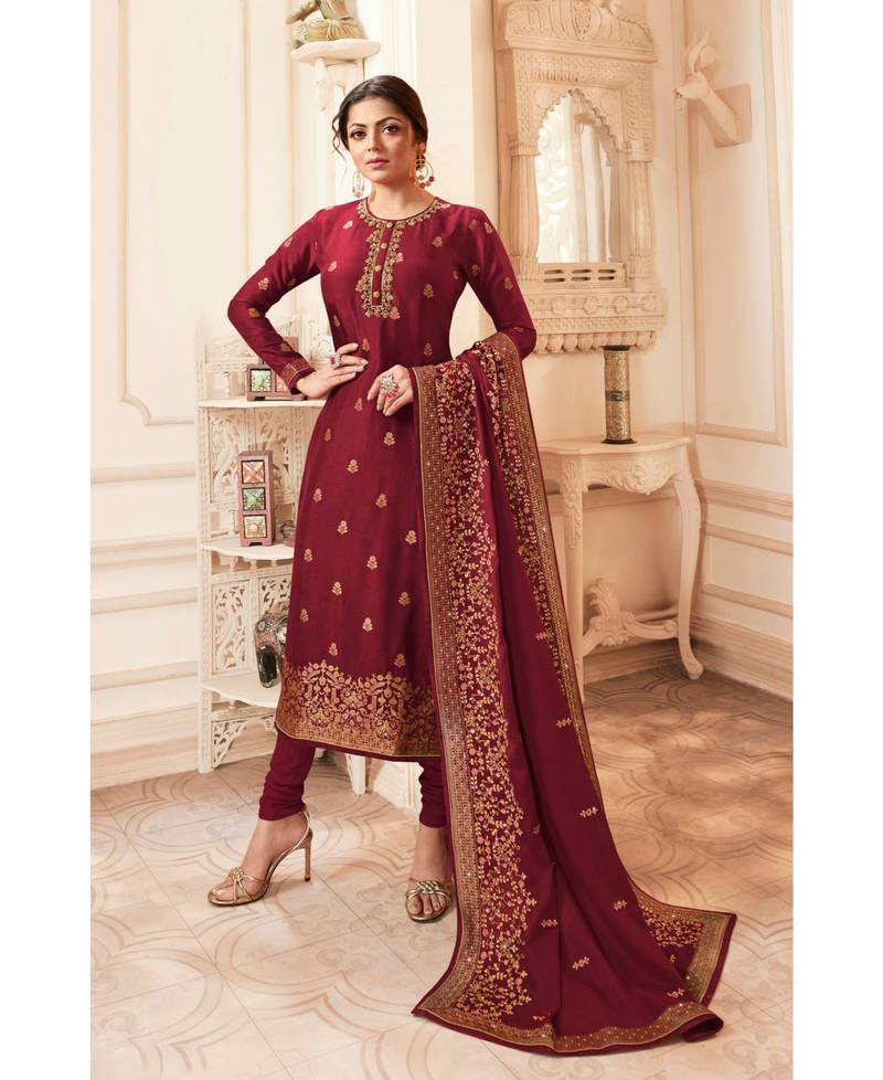 Maroon embroidered silk salwar