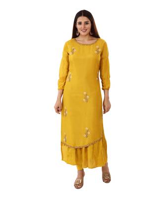 Mustard embroidered silk embroidered-kurtis 1