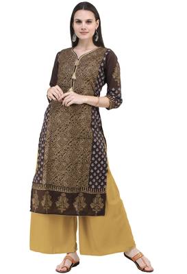 Brown Hand Block Printed Cotton Straight Kurti 1