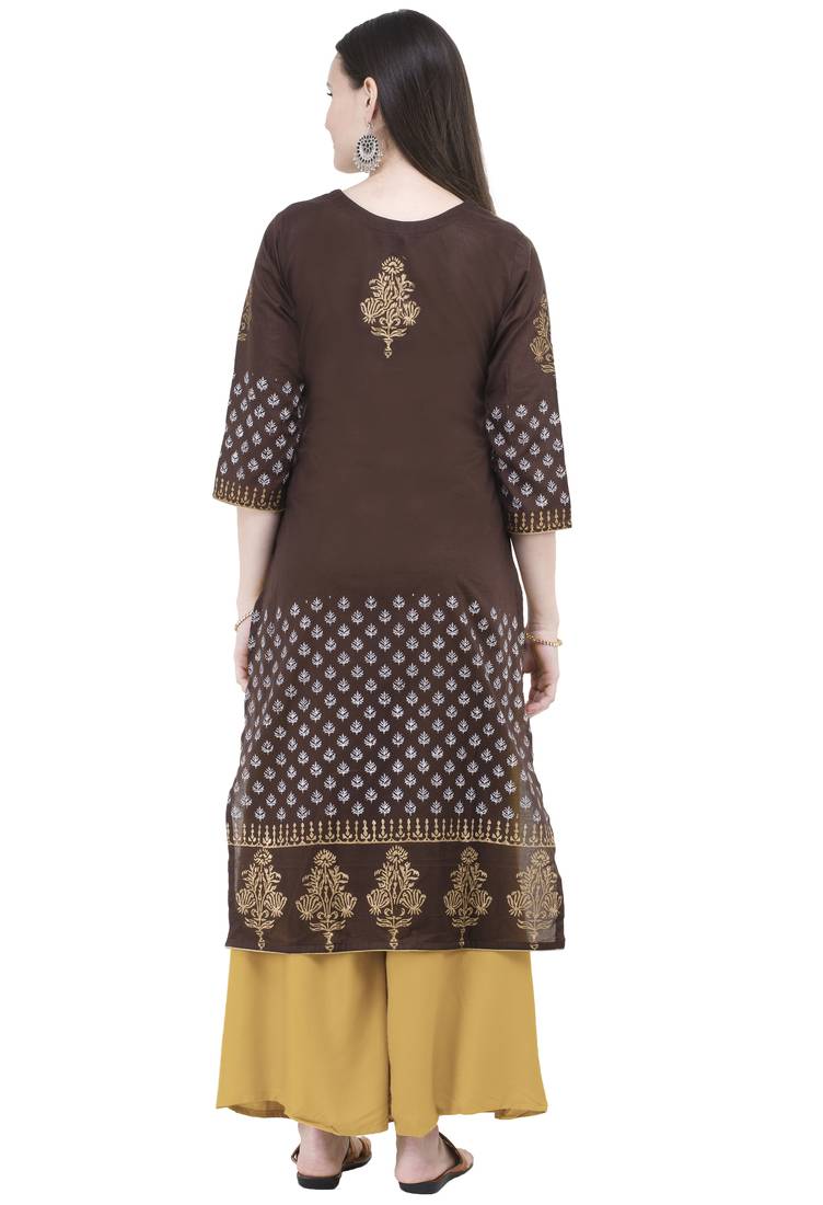Brown Hand Block Printed Cotton Straight Kurti