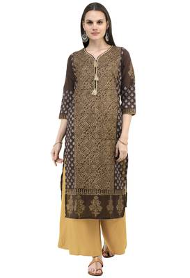 Brown Hand Block Printed Cotton Straight Kurti 3