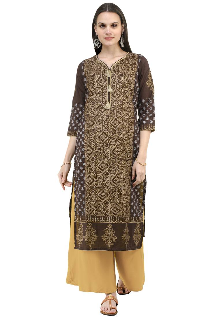 Brown Hand Block Printed Cotton Straight Kurti