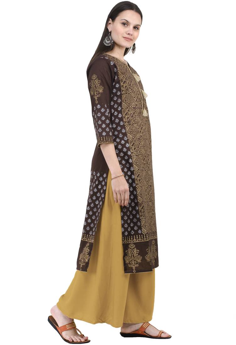 Brown Hand Block Printed Cotton Straight Kurti