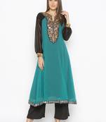 Teal-green embroidered georgette party-wear-Kurti