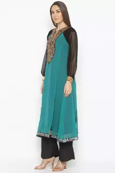 Teal-green embroidered georgette party-wear-Kurti