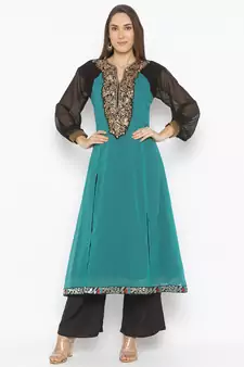 Teal-green embroidered georgette party-wear-Kurti