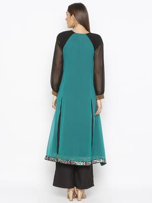 Teal-green embroidered georgette party-wear-Kurti 4