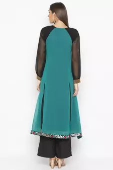 Teal-green embroidered georgette party-wear-Kurti