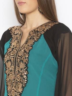 Teal-green embroidered georgette party-wear-Kurti 5