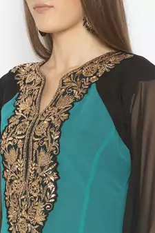 Teal-green embroidered georgette party-wear-Kurti