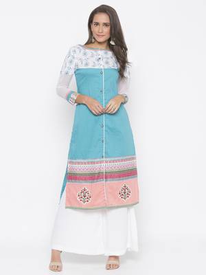 Blue embroidered cotton party-wear-Kurti 1