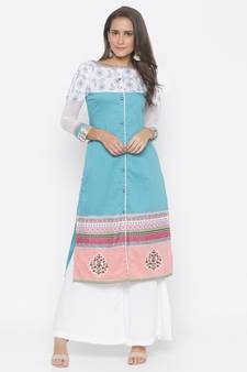 Blue embroidered cotton party-wear-Kurti