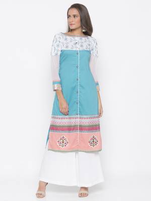 Blue embroidered cotton party-wear-Kurti 2