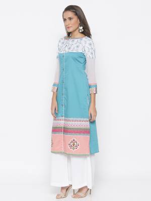 Blue embroidered cotton party-wear-Kurti 3
