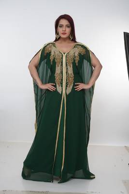 Green embroidered georgette islamic-kaftans 3