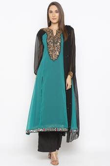 Teal-green embroidered georgette salwar