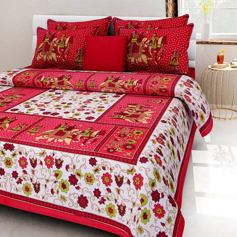 Kanha Bedsheet 100% Cotton Rajasthani Jaipuri Sanganeri Traditional King Size Double Bed Sheet With 2 Pillow Covers