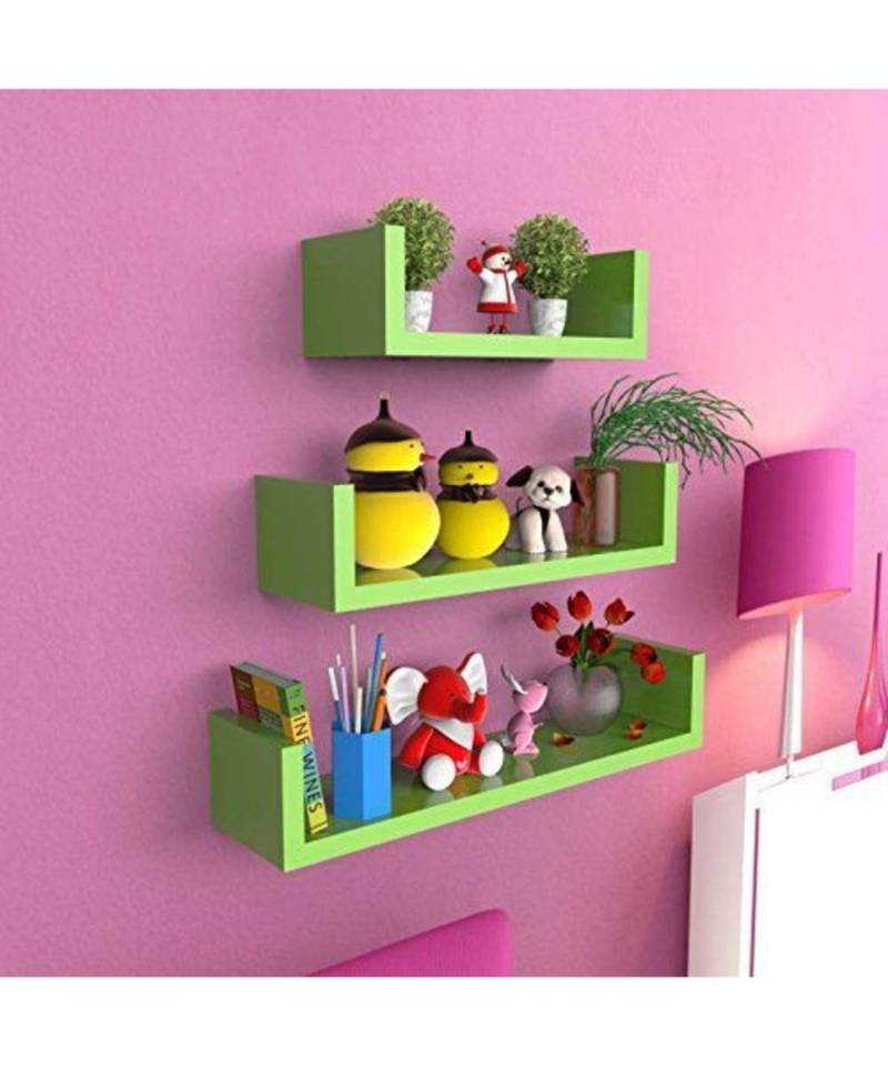 green Shaped Floating Wall Shelf , Set of 3 WOOD WORLD 3291872