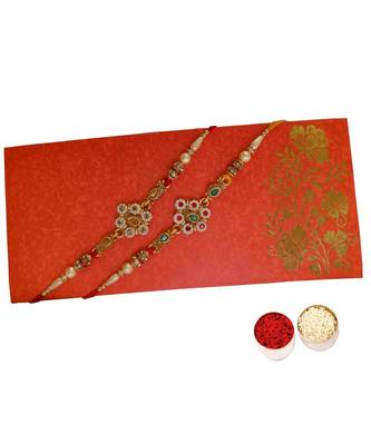 Beautiful Designer Rakhi Set with Pearl and Kundan Work alongwith Roli Tika for Brother (2 Rakhi) 1