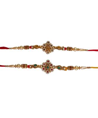 Beautiful Designer Rakhi Set with Pearl and Kundan Work alongwith Roli Tika for Brother (2 Rakhi) 2