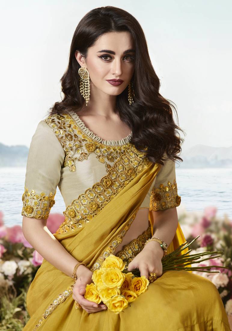 Women's Satin Mustard Embellished Designer Saree With Blouse Piece